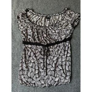 Bay Studio Career Petite Women's Black &‎ White Fan Print Drawstring Blouse Top